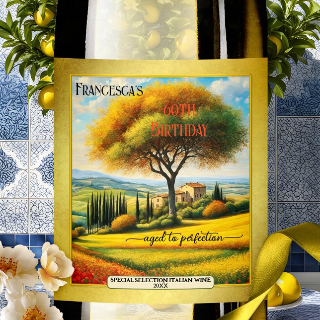 Italienische Kunst Sommer Geburtstag Weinetikett (Colorful summer or fall birthday wine label featuring a fine art painting of Tuscany, Italy)
