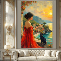 Italienische Küste mit Dame und Schwarzer Katze