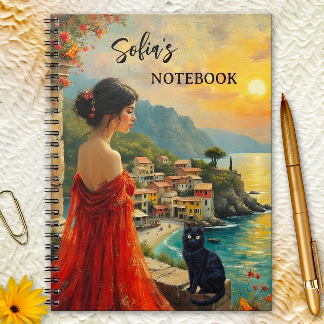 Italienische Küste mit Lady und Black Cat Notebook Notizblock (Italian fine art notebook with lady in red and black cat on a beautiful coast at sunset)