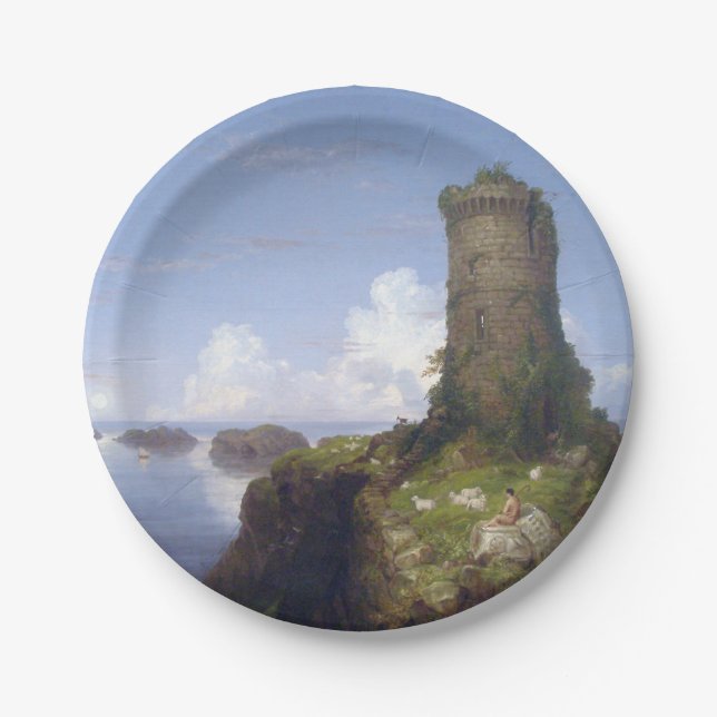 Italienische Küstenlandschaft mit Ruinenturm Pappteller (Vorderseite)