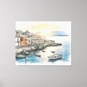 Italienische Küstenstadt Boote in einer Aquarellsk Leinwanddruck