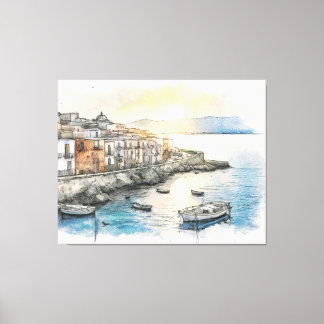 Italienische Küstenstadt Boote in einer Aquarellsk Leinwanddruck