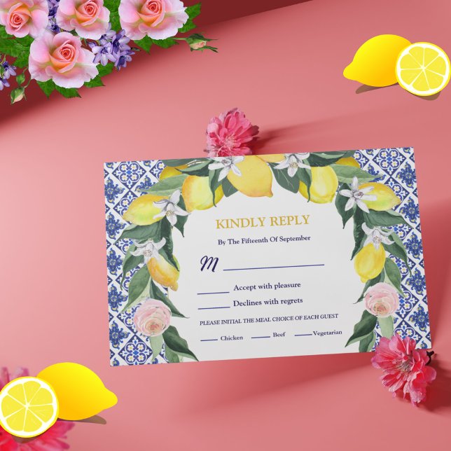 Italienische Lemon Blue Tiles Mediterranean Weddin RSVP Karte (Von Creator hochgeladen)