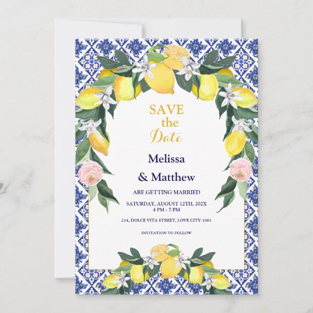 Italienische Lemon Blue Tiles Mediterranean Weddin Save The Date (Vorderseite)