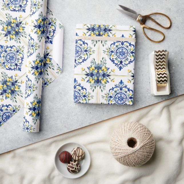 Italienische Lemon Floral Tile Blau und Weiß Decou Geschenkpapier (Kunsthandwerk)