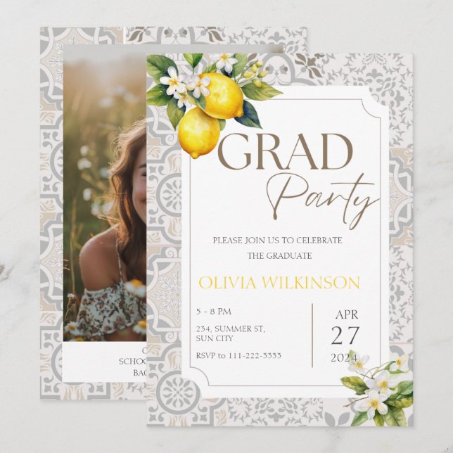 Italienische Lemon Graduation Party in Beige Medit Einladung (Vorne/Hinten)
