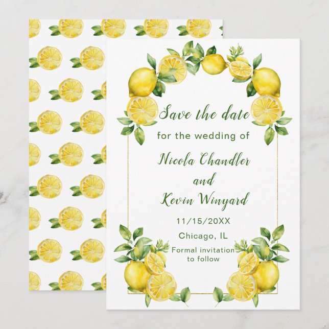 Italienische Lemon Greenerity Frame Wedding Save The Date (Vorne/Hinten)