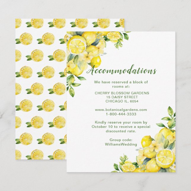 Italienische Lemon Greenery Hochzeitsunterkünfte Begleitkarte (Vorne/Hinten)