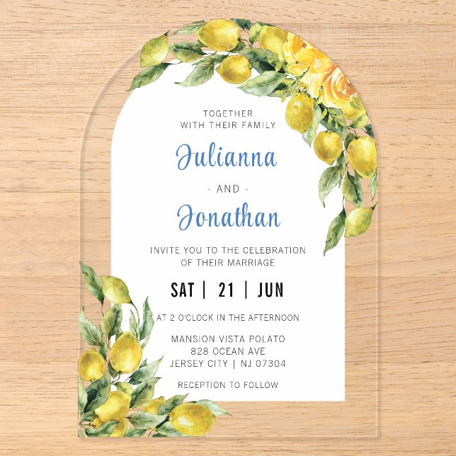 Italienische Lemon Wedding Acrylic Einladung (Vorderseite)