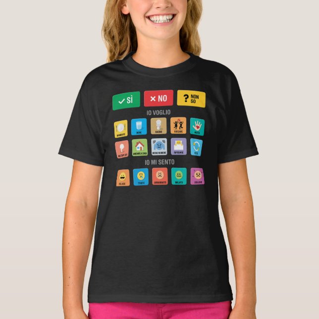 Italienische Mitteilung zur Autismus-AAC-PECS-Mitt T-Shirt (Vorderseite)
