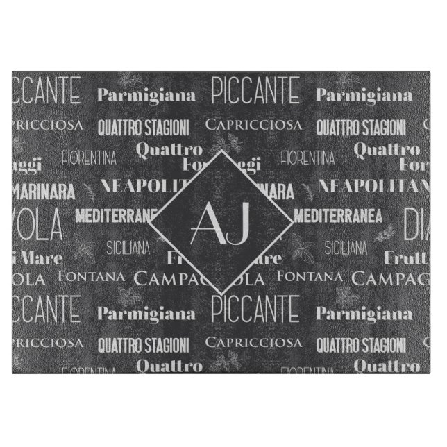 Italienische Pizza Names Gray Mit Monogramm Schneidebrett (Vorderseite)