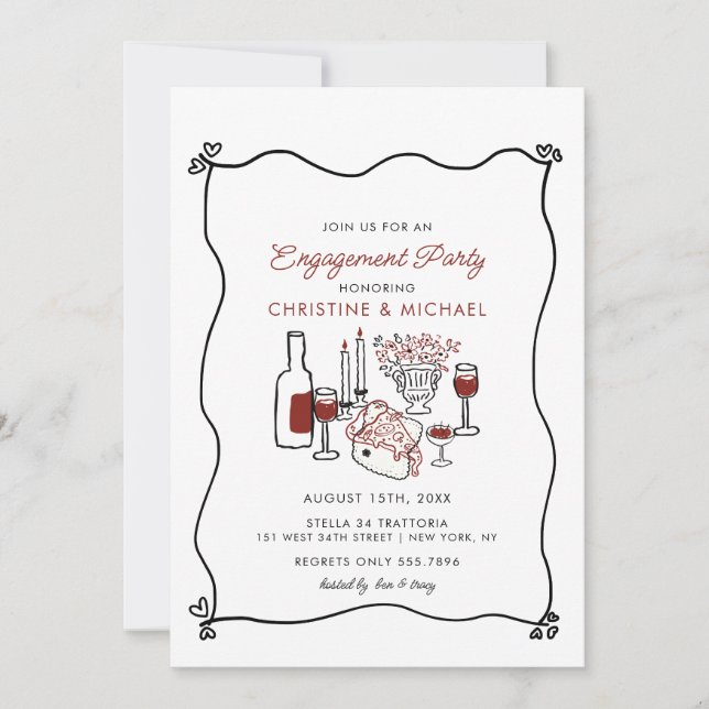 Italienische Pizza & Wine Handschriftliche Verlobu Einladung (Vorderseite)