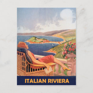 Italienische Riviera, Frau auf Hotelterrasse, Vint Postkarte