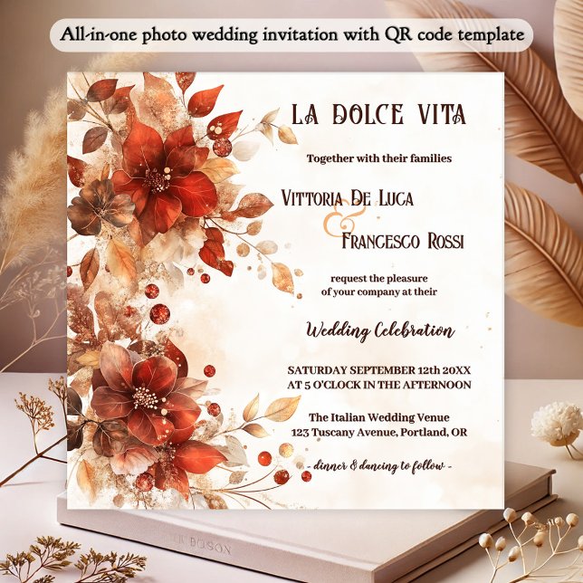 Italienische Rote Blume Hochzeit Einladung (All-in-one wedding invitation featuring watercolor flowers in Italian red and vibrant orange)