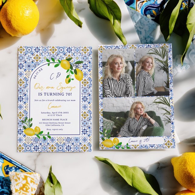 Italienische Tile Lemon Unsere Hauptpresse 70. Geb Einladung (Italian Tile Lemon Our main Squeeze 70th Birthday Invitation)