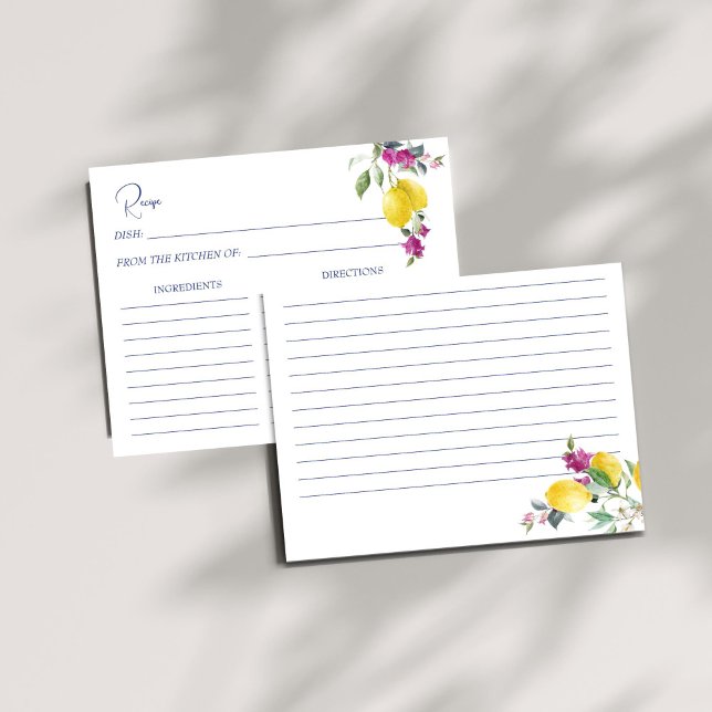 Italienische Zitronen Bougainvillea Zitrusrezepte  (Vintage Italian lemons bougainvillea citrus bridal shower recipe card)