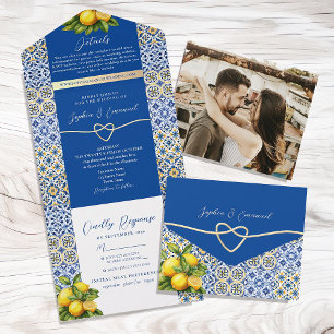 Italienische Zitronenblaue Fliesen Hochzeit All In One Einladung