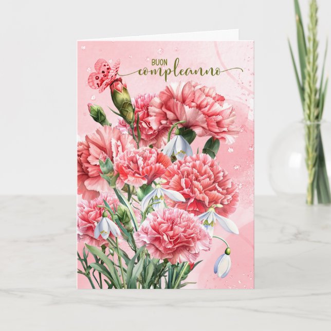Italienischer Buon Compleanno Rosa Nelken Geburtst Karte (Vorderseite)
