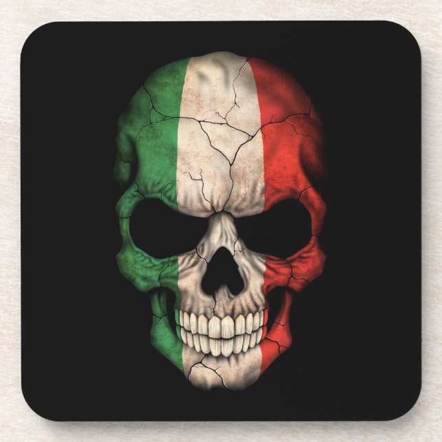Italienischer Flaggen-Schädel auf Schwarzem Untersetzer (Vorderseite)