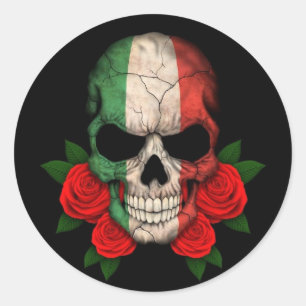 Italienischer Flaggenschädel mit Rote Rosen Runder Aufkleber