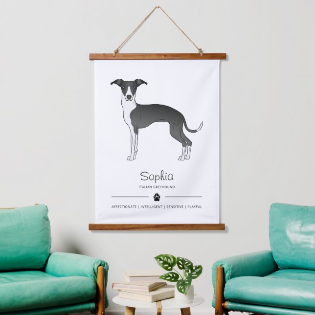 Italienischer Grauhound mit individuellem Text Wandteppich Mit Holzrahmen (Wohnzimmer)