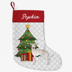 Italienischer Grauhund mit Weihnachtsbaum Kleiner Weihnachtsstrumpf