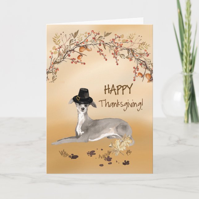 Italienischer Greyhound Funny Pilgrim Hat Erntedan Karte (Vorderseite)