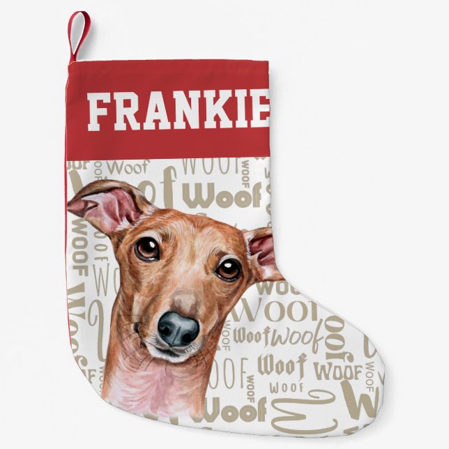 Italienischer Greyhound Woof Print Weihnachts-Stru Kleiner Weihnachtsstrumpf (Vorderseite)