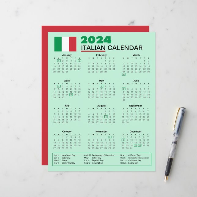 Italienischer Kalender 2024 mit Ferien | Kalender (Vorderseite/Rückseite Beispiel)
