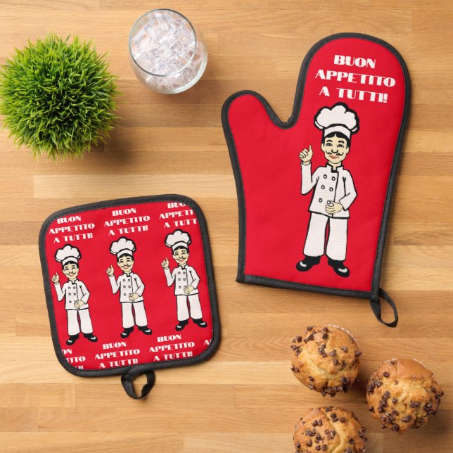Italienischer Koch-Buon-Appetit Ofenhandschuh & Topflappen-Set (Oben Unten)