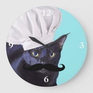 Italienischer Koch, schwarze Katze Große Wanduhr