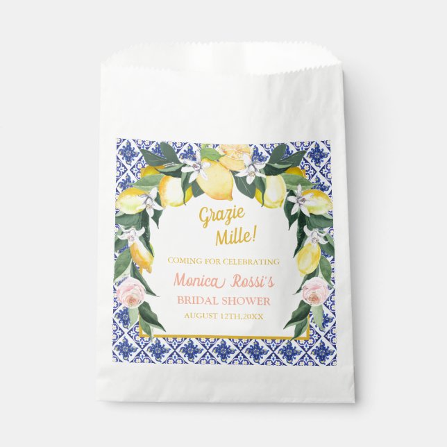Italienischer Lemon Blue Tiles Grazie Mille Bridal Geschenktütchen (Vorderseite)