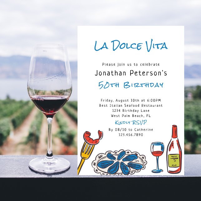 Italienischer Meeresfrüchtewein, handgezeichnet 50 Einladung (Von Creator hochgeladen)