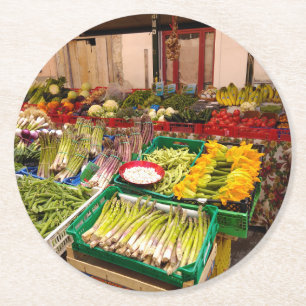 Italienischer Obst- und Gemüsemarktstand in Pisa Runder Pappuntersetzer