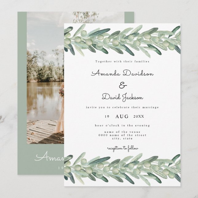 Italienischer Olivenzweig Boho Moderne Hochzeit  Einladung (Vorne/Hinten)