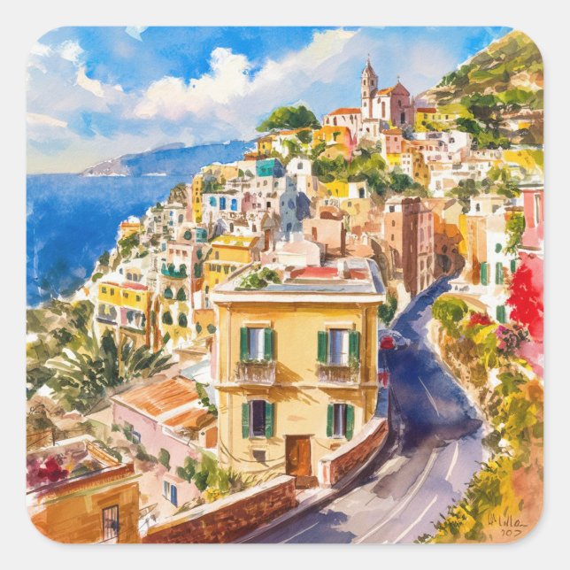 Italienischer Sommer ,Positano,Italien Amalfi Küst Quadratischer Aufkleber (Vorderseite)