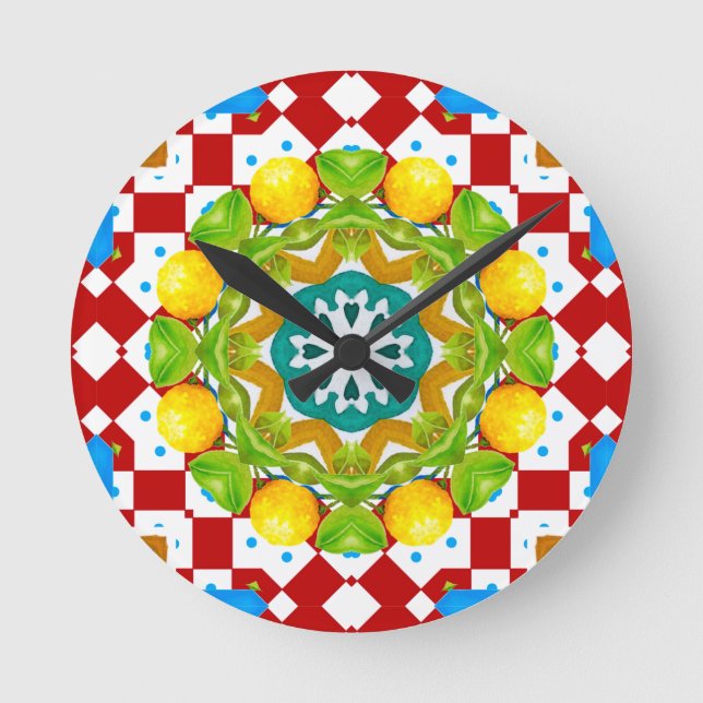 Italienischer Stil, Fliesen, Majolika All-Over Pri Runde Wanduhr (Vorderseite)