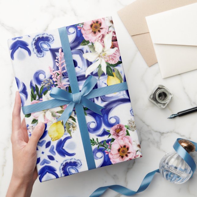 Italienischer Stil, Fliesen, Majolika, Zitrone All Geschenkpapier (Schenken)