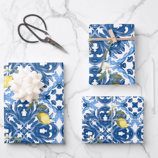 Italienischer Stil,Fliesen,Majolika,Zitrone,All-Ov Geschenkpapier Set (Vorderseite)