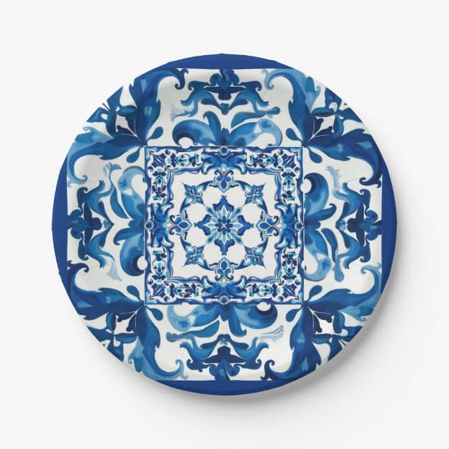 italienischer Stil, mediterran, mosaik, blau, Pappteller (Vorderseite)