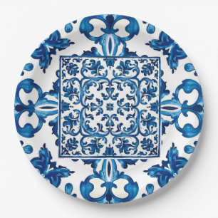 italienischer Stil, mediterran, mosaik, blau, Pappteller
