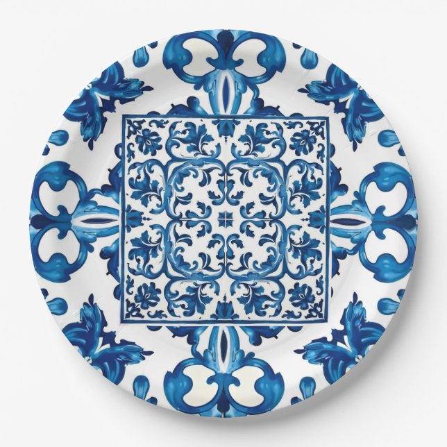 italienischer Stil, mediterran, mosaik, blau, Pappteller (Vorderseite)