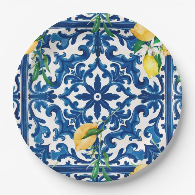 italienischer Stil, mediterran, mosaik, blau, Pappteller (Vorderseite)