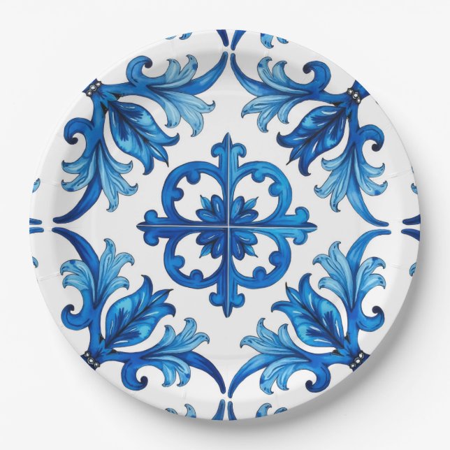 italienischer Stil, mediterran, mosaik, blau, Pappteller (Vorderseite)