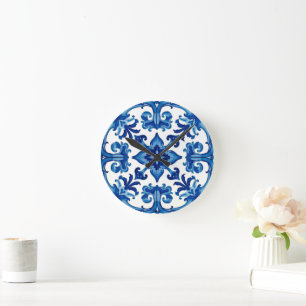 italienischer Stil, mediterran, mosaik, blau, Runde Wanduhr