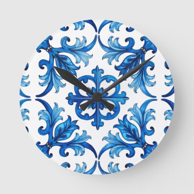 italienischer Stil, mediterran, mosaik, blau, Runde Wanduhr (Vorderseite)