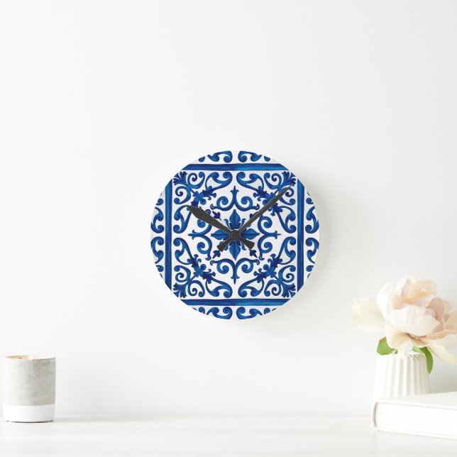 italienischer Stil, mediterran, mosaik, blau, Runde Wanduhr (Zuhause)