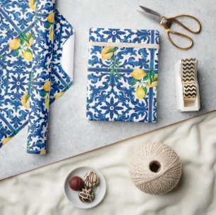 italienischer Stil, mediterran, mosaik, blau, Zitr Geschenkpapier