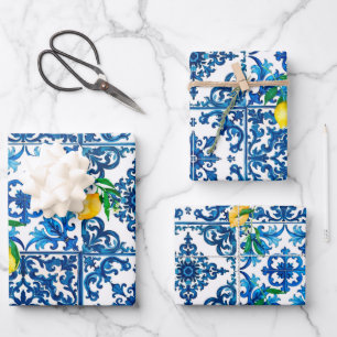 italienischer Stil, mediterran, mosaik, blau, Zitr Geschenkpapier Set