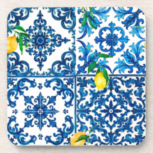 italienischer Stil, mediterran, mosaik, blau, Zitr Getränkeuntersetzer
